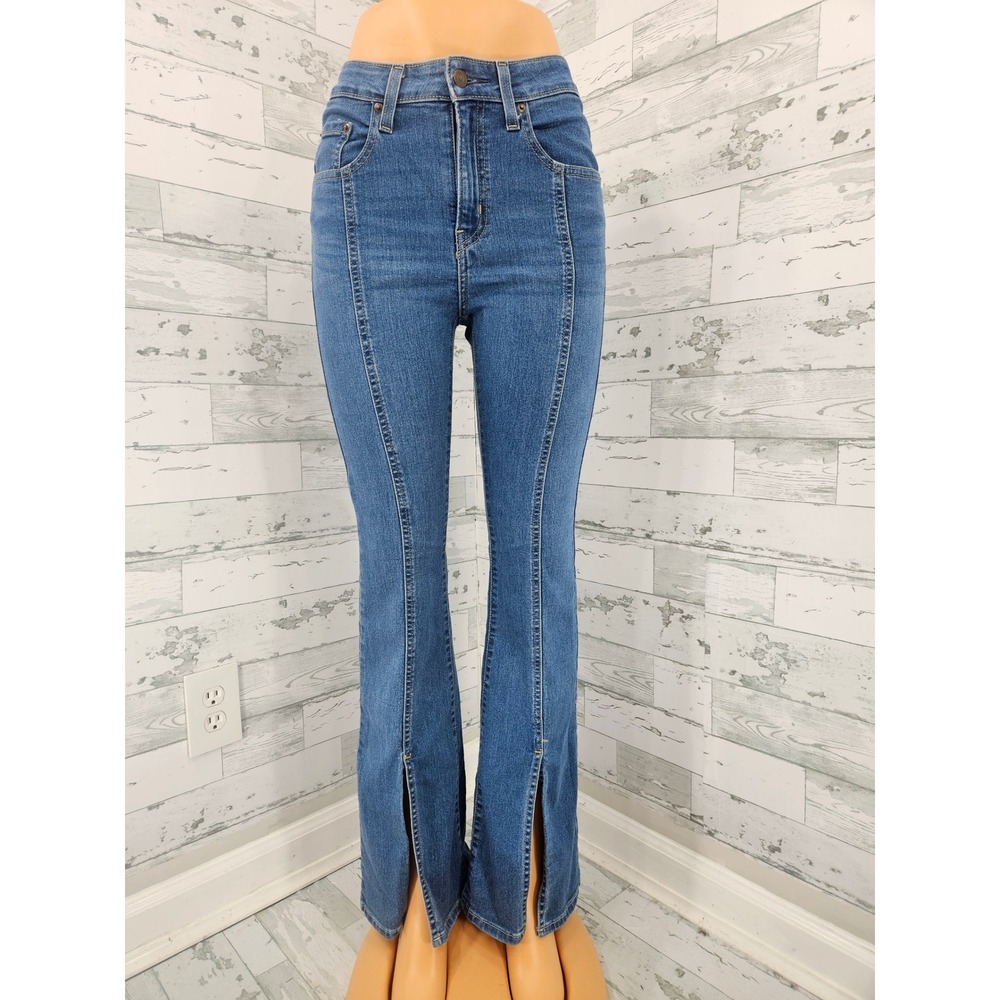 Levis 726 Flare Jeans Womens 28 Blue Denim High Rise Front Seam Split Hem